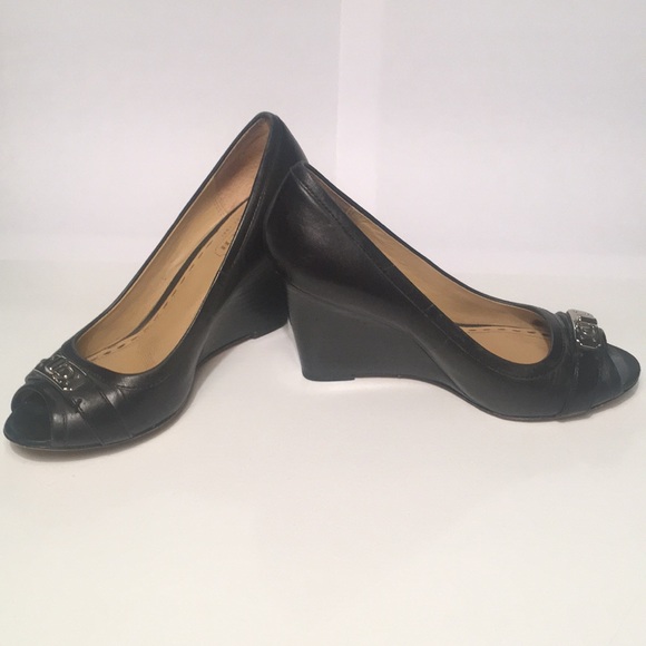 Coach black leather Thea peep toe wedges, size 6. - Picture 2 of 3